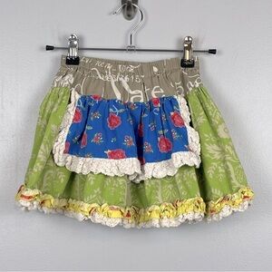 Mustard Pie 100% cotton elastic waist ruffle trim pinafore front skirt, size 5.